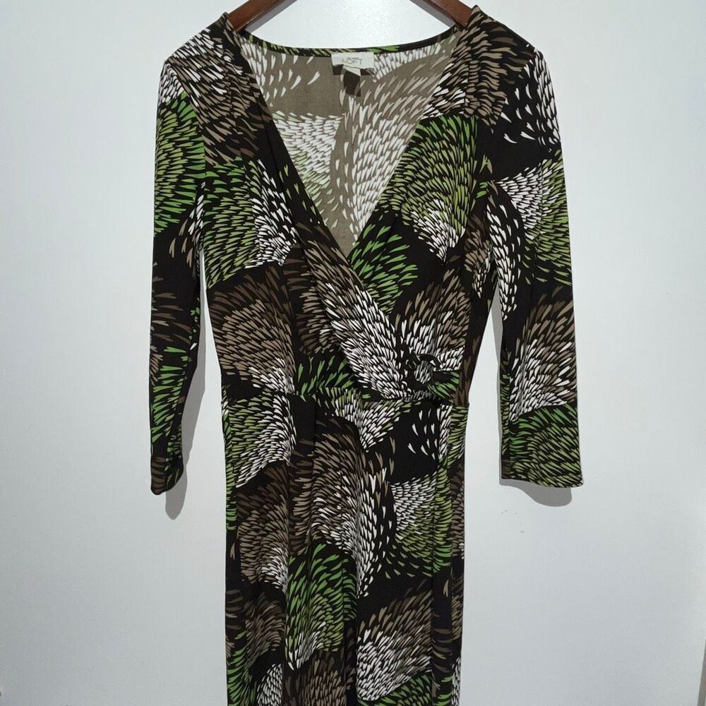 LOFT Women's Multicolor Faux Wrap‎ 3/4 Sleeve Geometric Sheath Dress Size 8